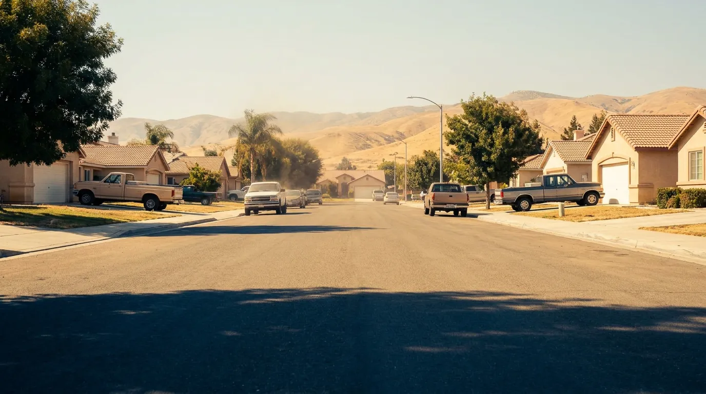 A heat-hazed Bakersfield neighborhood street in triple-digit summer